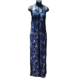 Naf Naf Navy Blue Wide Leg Halter Jumpsuit with Bird Print Size 34